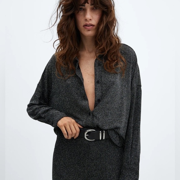 Mango Long Sleeve Collared Neckline Silver Glitter Button Down Shirt Size S NWT - Picture 1 of 16